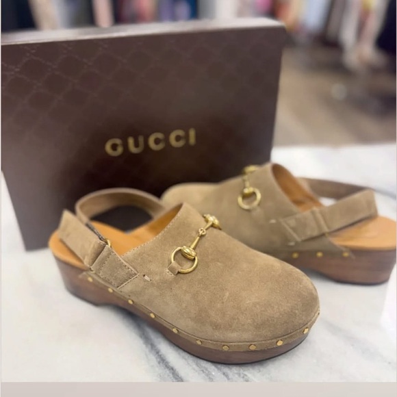 Gucci Tan Suede Mules with Gold Accents - Picture 2 of 2